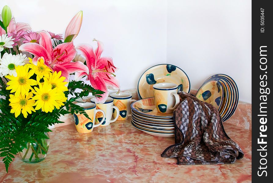 Clean dishes and flowers