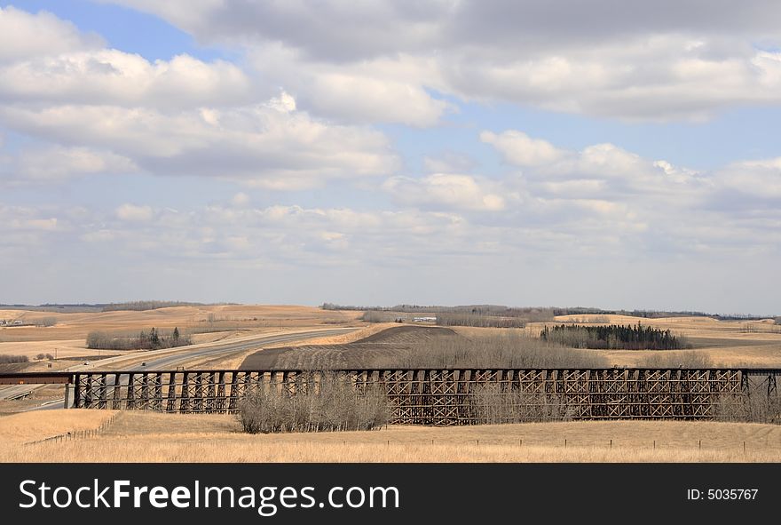 Wide landscape showing half of the longest trestle bridge in Western Canada near Sangudo, Alberta. Wide landscape showing half of the longest trestle bridge in Western Canada near Sangudo, Alberta