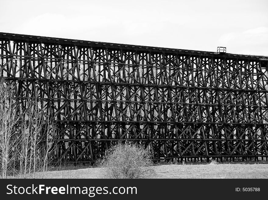 Detail of a part of the longest wooden trestle bridge in Western Canada near Sangudo, Alberta. Detail of a part of the longest wooden trestle bridge in Western Canada near Sangudo, Alberta