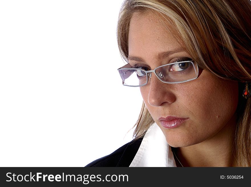 Attractive woman look to the camera on the white background. Attractive woman look to the camera on the white background