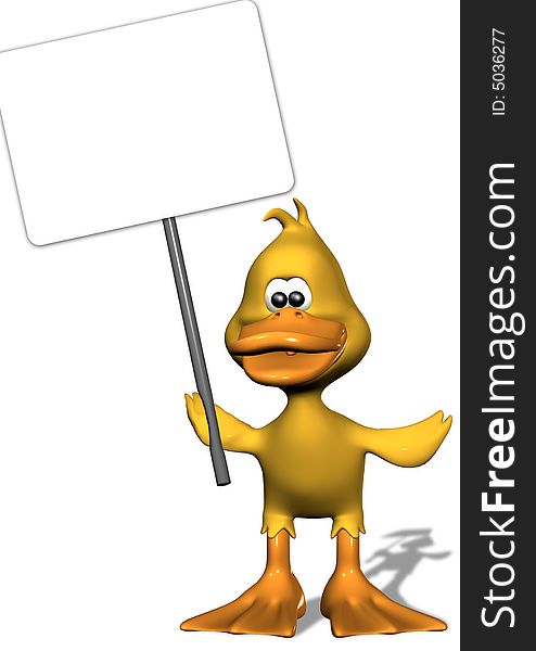 3D render toon duckiling holding a blank sign with clipping path. 3D render toon duckiling holding a blank sign with clipping path