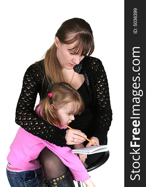 Girl with pencil and notebook, on white background, and child