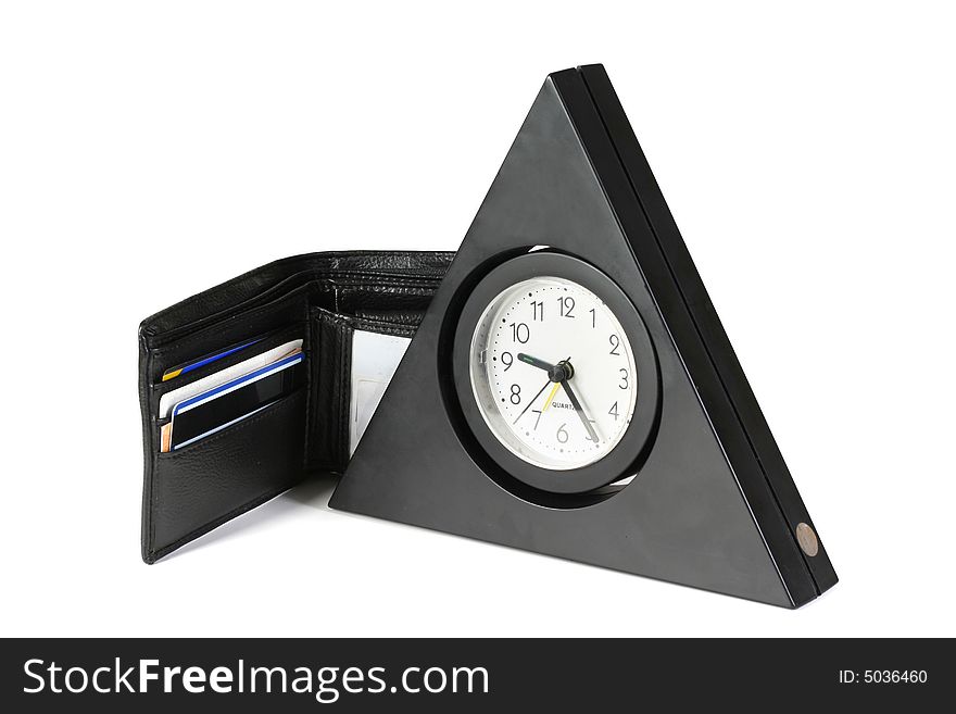 The triangular clock and purse on a white background