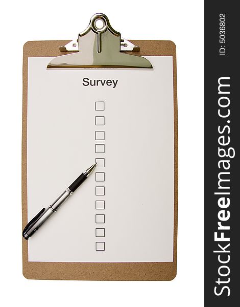A clipboard with a survey paper attached