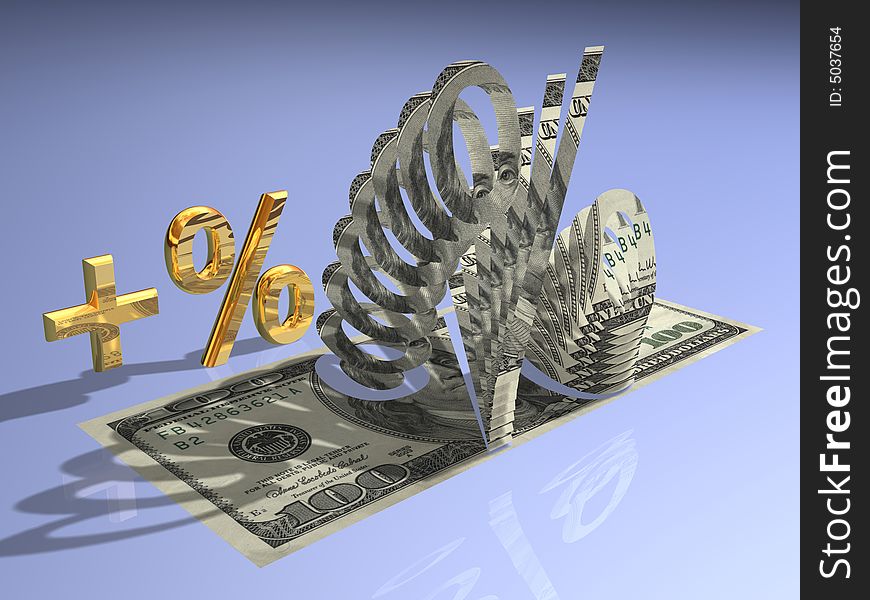 Symbol of the percent is sliced from bill in one hundred dollars. Symbol of the percent is sliced from bill in one hundred dollars