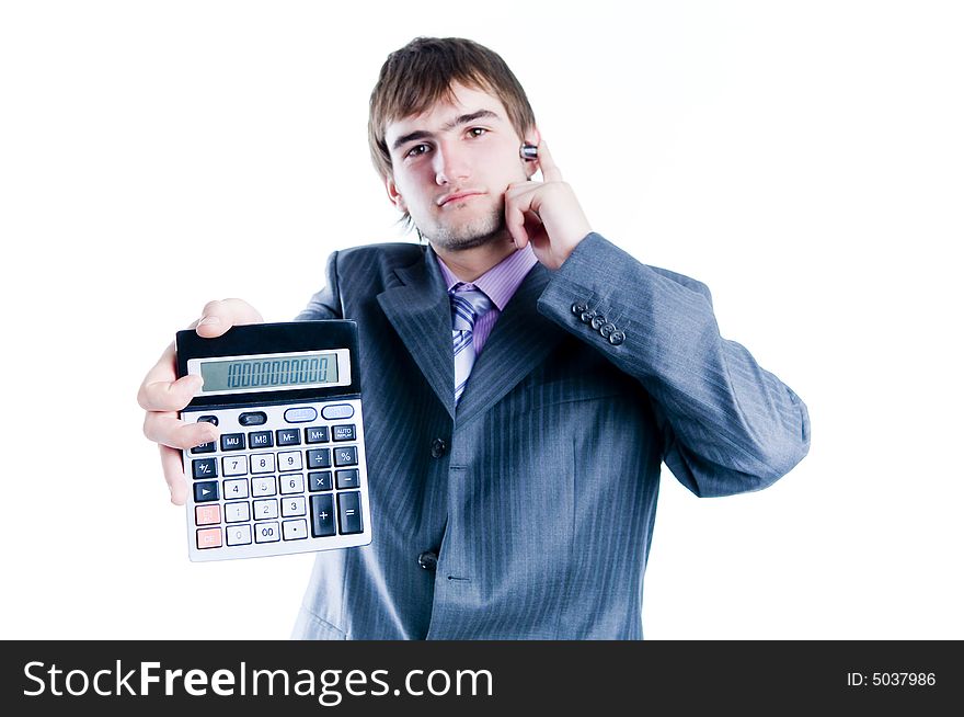 Businessman showing calculator with 1000+, focus on calculator, isolated on white background