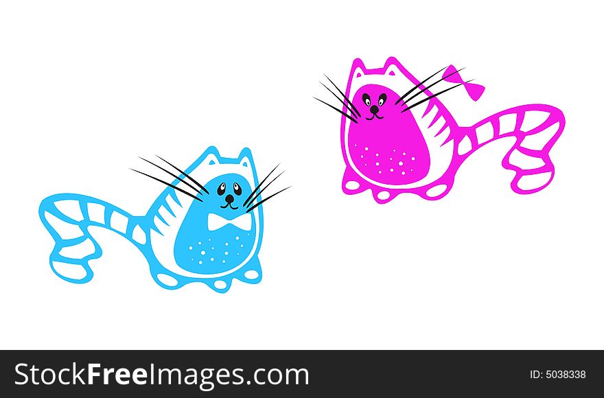 Two cats - pink and blue colours. Vector