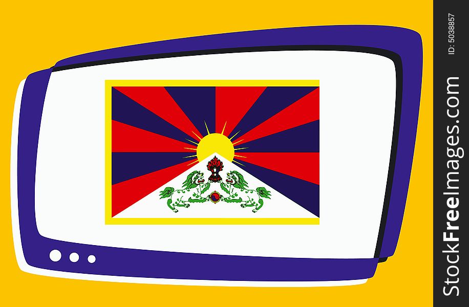 Tibetan flag on screen - cartoon style. Tibetan flag on screen - cartoon style
