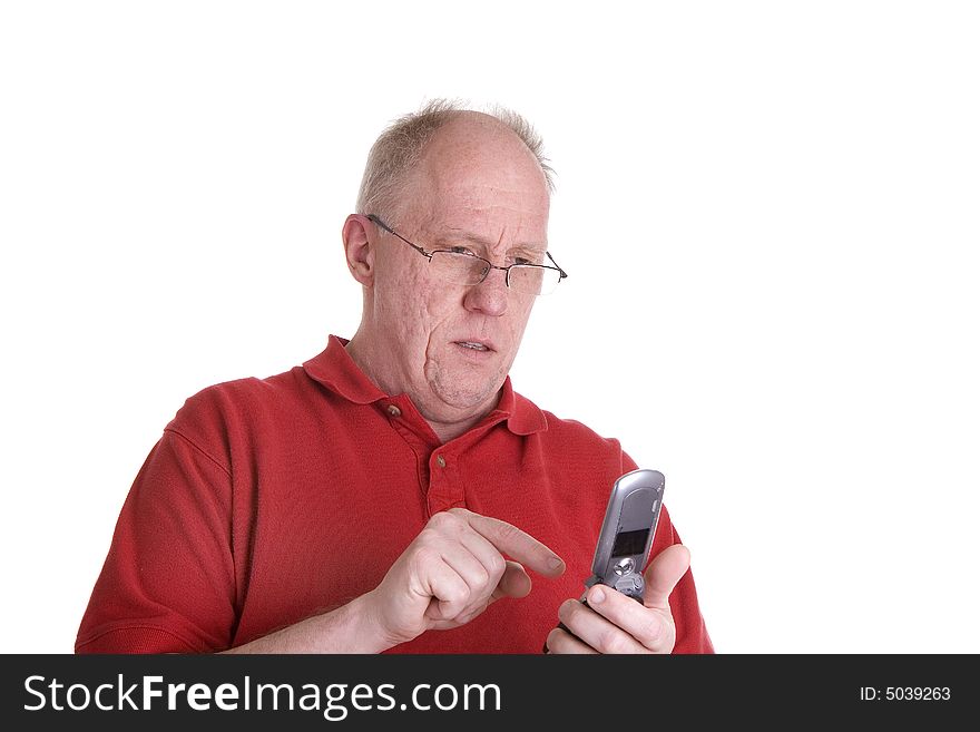 Old Guy In Red Shirt Dialing Cell Phone