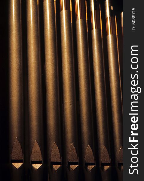 Vintage church organ pipes tarnished over the years