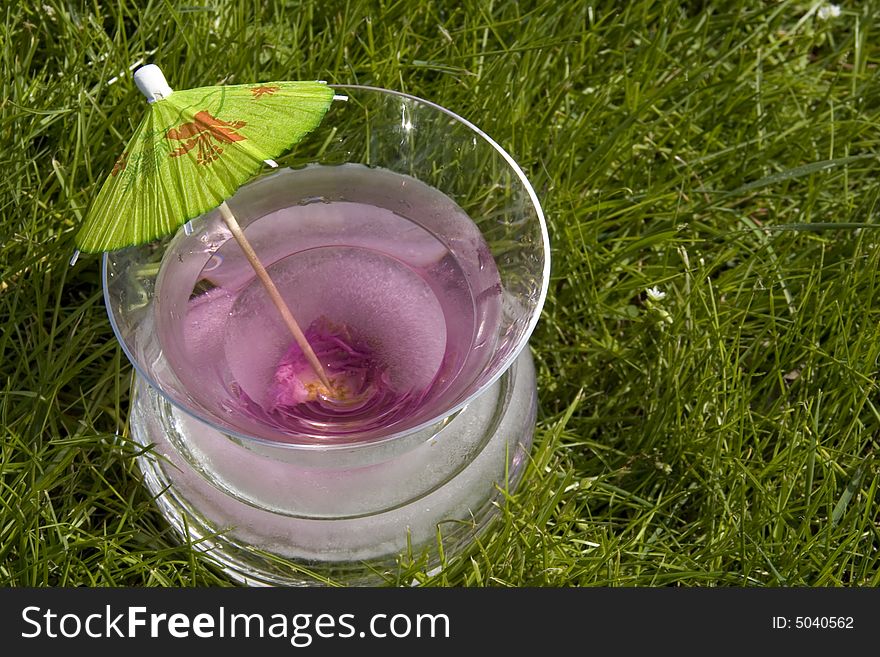 A Cosmopolitan Martini in a glass with a frozen rose sits in the grass. A Cosmopolitan Martini in a glass with a frozen rose sits in the grass.