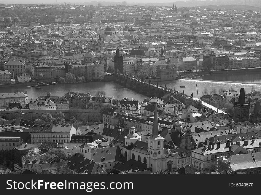A view of Prague City from tower two of the City castle on top of the hill. Taken in Monochrome to grasp the old effect of the architecture. A view of Prague City from tower two of the City castle on top of the hill. Taken in Monochrome to grasp the old effect of the architecture