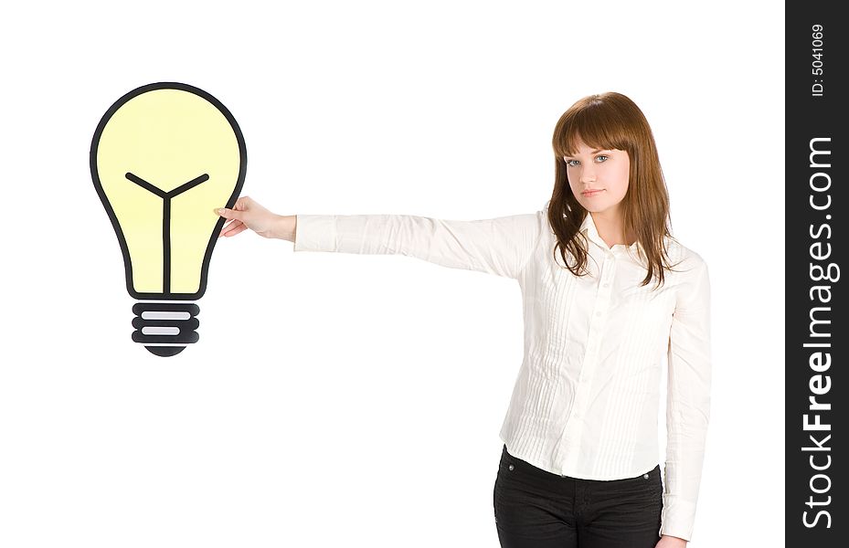 Girl holding light bulb close up over white background