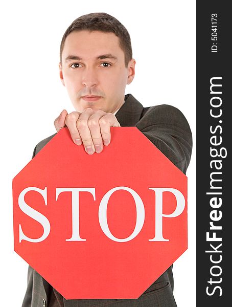 Holding stop sign over white background