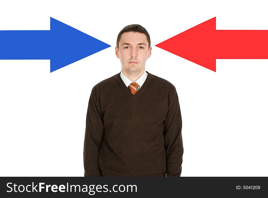 Businessman and two arrows over white background