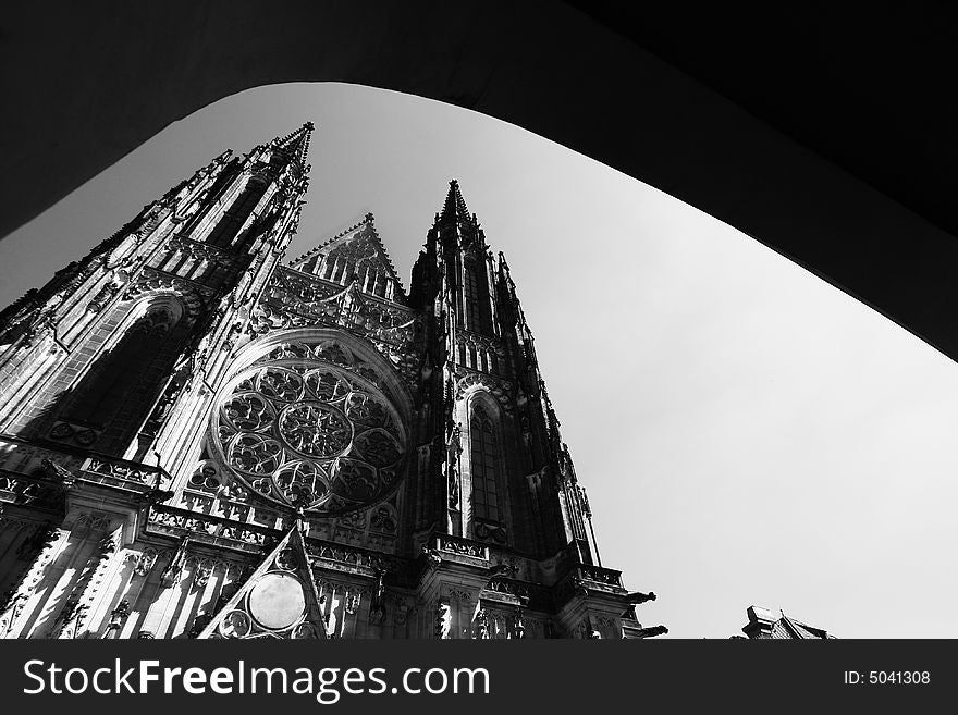 The entryway to the St. Vitus Cathedral by the Prague Castle up on the hill. The entryway to the St. Vitus Cathedral by the Prague Castle up on the hill.