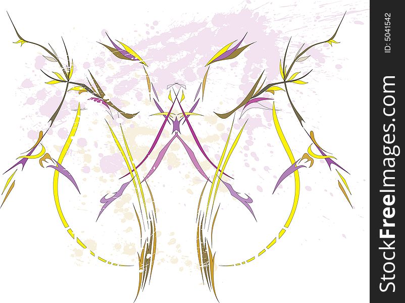Yellow-violet symmetrical ornament with inkblot and scratch. Yellow-violet symmetrical ornament with inkblot and scratch