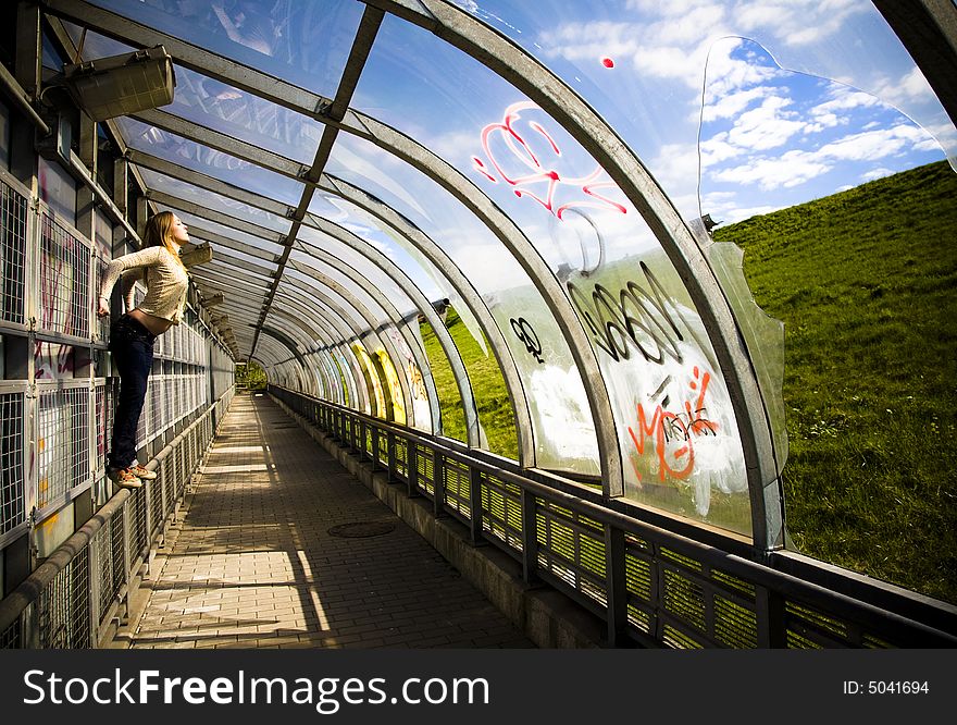 Young Woman In The Graffiti Painted Tunel. Young Woman In The Graffiti Painted Tunel