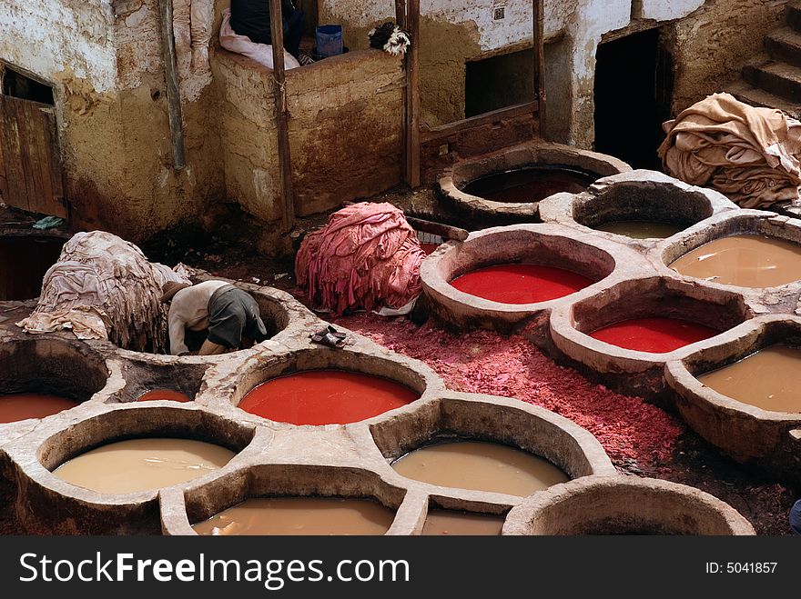 Color Pots At Tannery In Fez