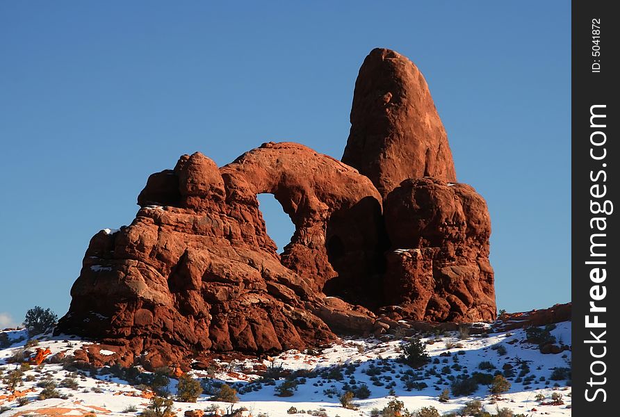 View of the red rock formations in Arches National Park with blue sky�s. View of the red rock formations in Arches National Park with blue sky�s