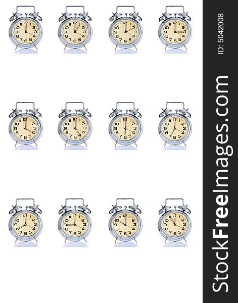 Group of alarm clock with times 12 clock on white background