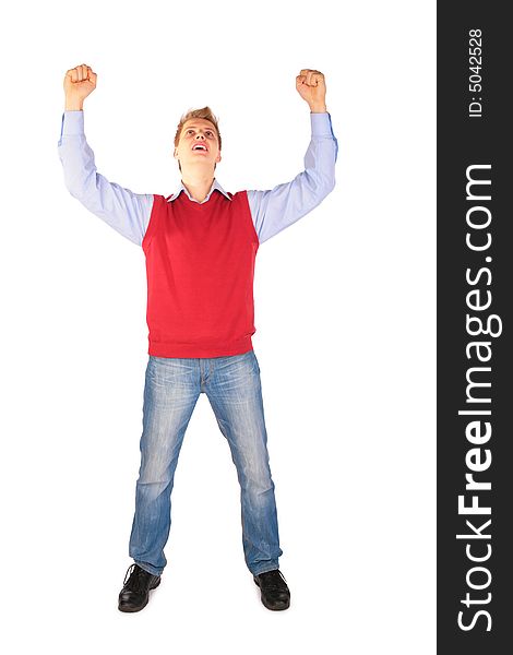 Boy in red jacket hand up on white