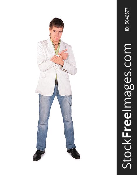 Serious young man posing on white