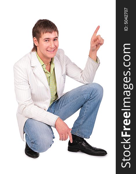 Young man gives gesture on white