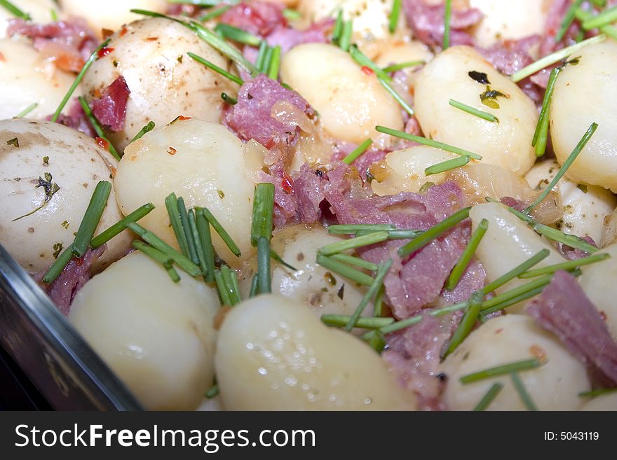 Baby potato and bacon salad with spring onion. Baby potato and bacon salad with spring onion