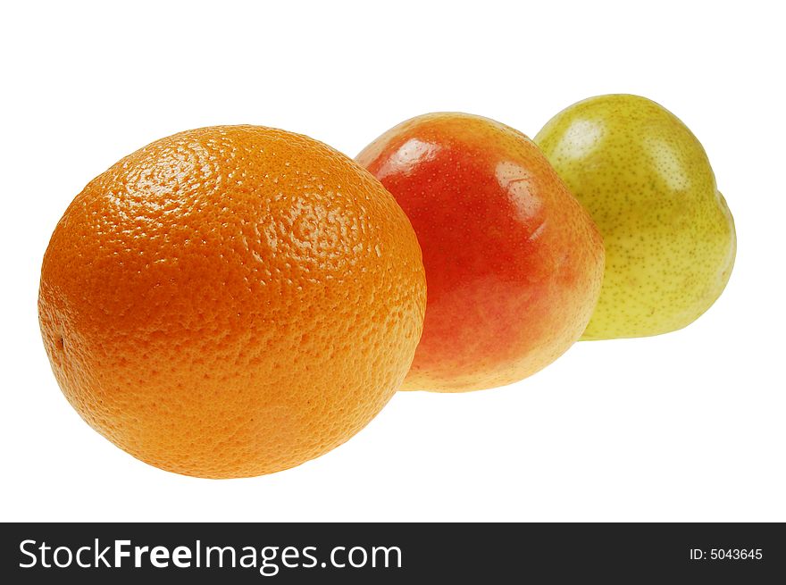 Colorful pears and  orange. isolated on white