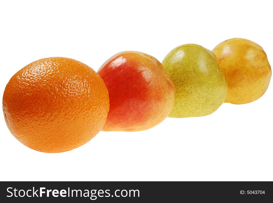 Colorful pears and  orange. isolated on white