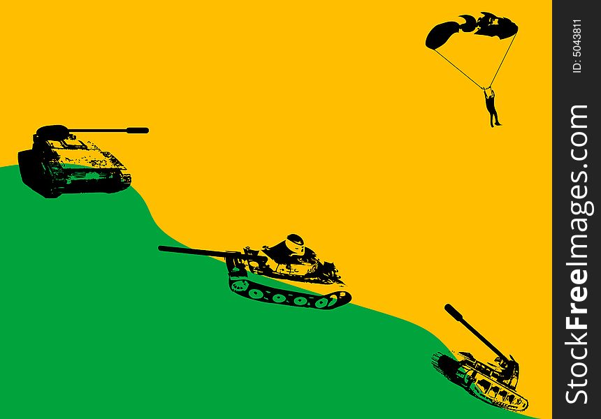 Abstract green hill with tank shapes and man jumping with a parachute. Abstract green hill with tank shapes and man jumping with a parachute
