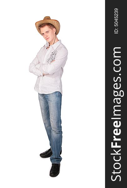 Boy with hat posing on white