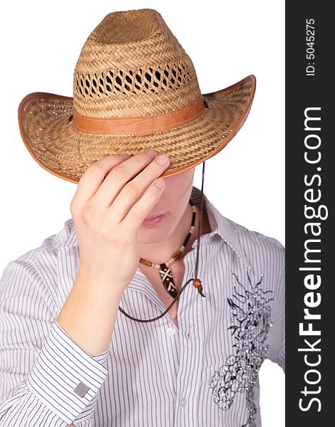 Boy hide gace with hat on white