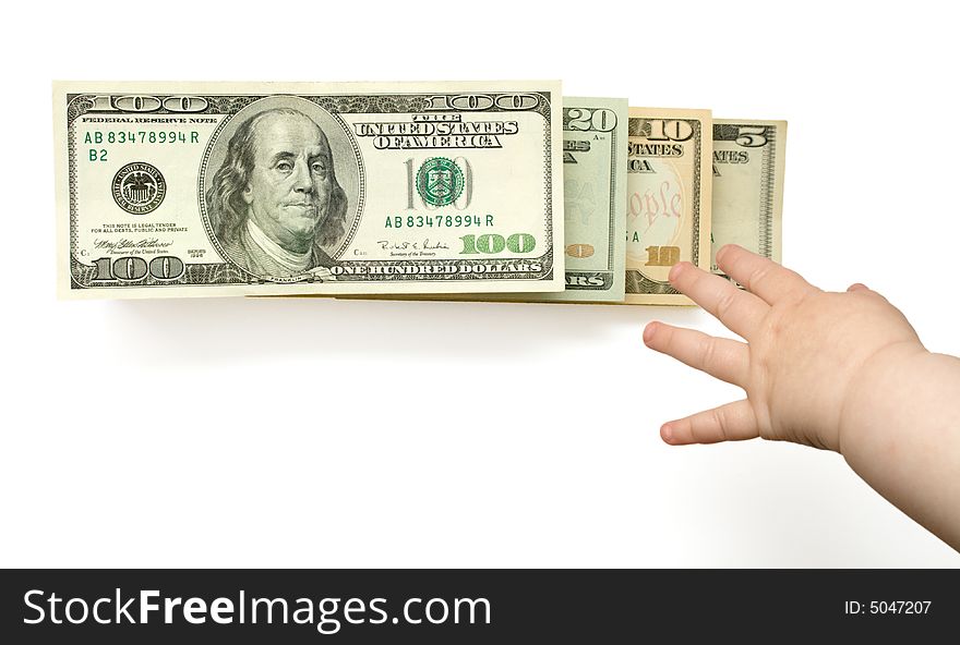 Child's hand reaching US dollars in ladder, over white, isolated with clipping path