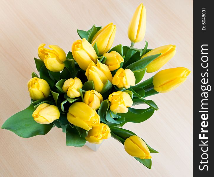 Bouquet of yellow tulips in vase