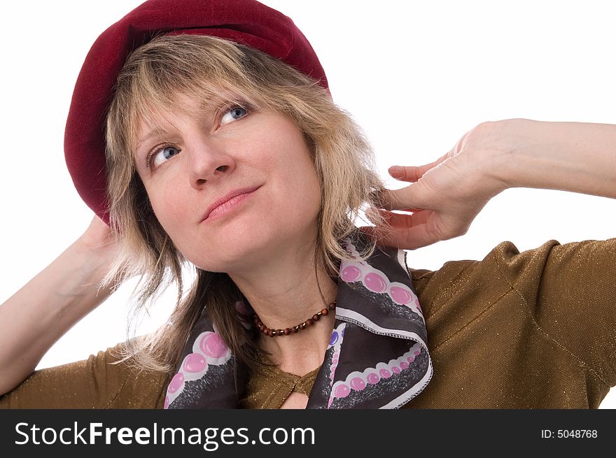 The woman in red beret, isolated on a white background. The woman in red beret, isolated on a white background.