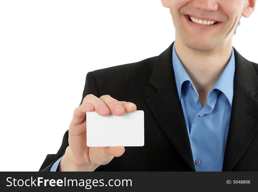 Friendly Business Man Represents Business Card