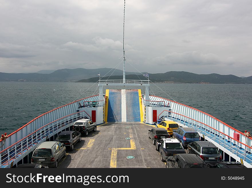 The bow of a car ferry (not full of cars) while sailing to its destination. The bow of a car ferry (not full of cars) while sailing to its destination