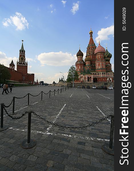 St. Basil cathedral at the Red square and blue sky as a background. Kremlin in Moscow, Russia.