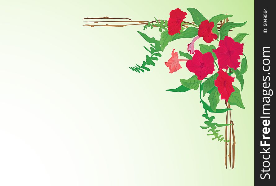 Background with red flowers, leaves and frame. Background with red flowers, leaves and frame.