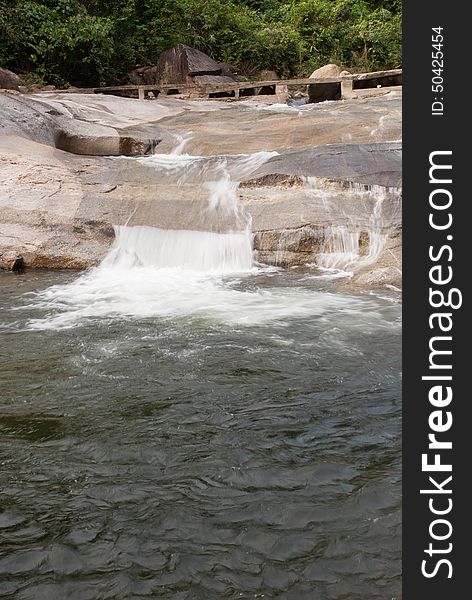 Water power from a small waterfall crossing a trail, kiriwongvillage, nakhonsithammarat, Thailand.