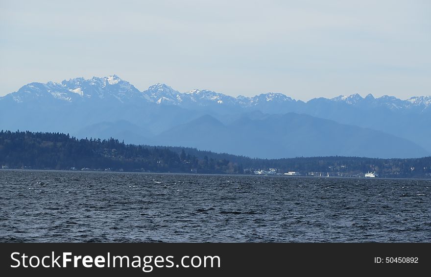 A great view of the puget sound and Olympic mountains from Seattle Washington.