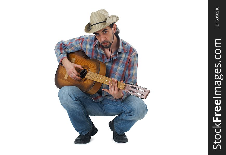 Man with hat and guitar squatering, isolated. Man with hat and guitar squatering, isolated