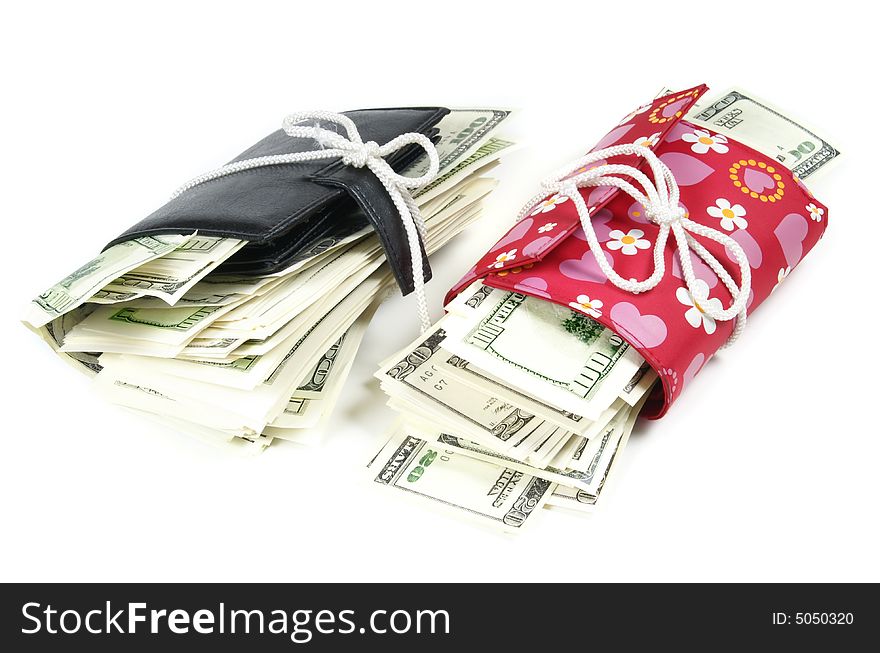 Leather wallet with some dollars inside on white background. Leather wallet with some dollars inside on white background