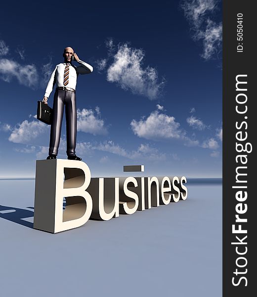 A concept image of a businessman standing on top of the word business. A concept image of a businessman standing on top of the word business.