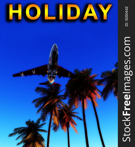 An image of a plane and palm trees against a tropical clear sky, it would be a good conceptual image representing holidays. An image of a plane and palm trees against a tropical clear sky, it would be a good conceptual image representing holidays.