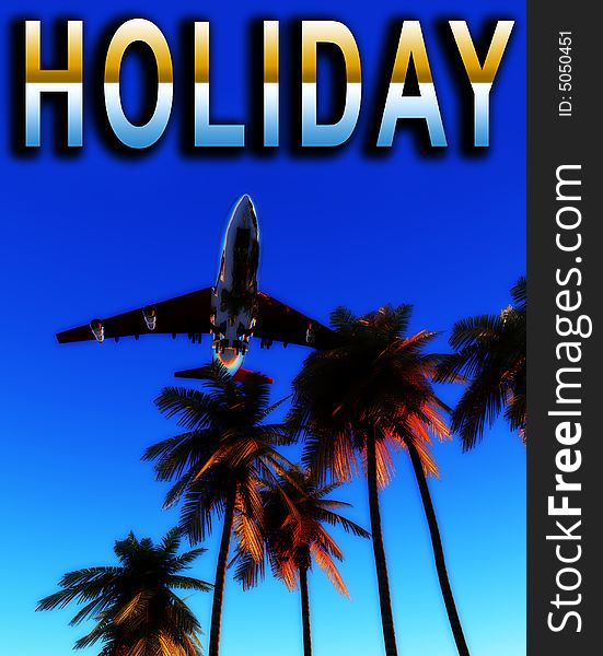 An image of a plane and palm trees against a tropical clear sky, it would be a good conceptual image representing holidays. An image of a plane and palm trees against a tropical clear sky, it would be a good conceptual image representing holidays.