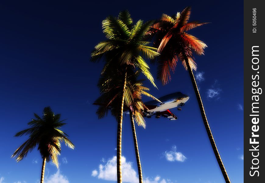 An image of a plane and palm trees against a tropical sky, it would be a good conceptual image representing holidays. An image of a plane and palm trees against a tropical sky, it would be a good conceptual image representing holidays.