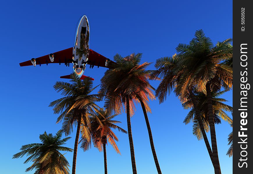 An image of a plane and palm trees against a tropical clear sky, it would be a good conceptual image representing holidays. An image of a plane and palm trees against a tropical clear sky, it would be a good conceptual image representing holidays.